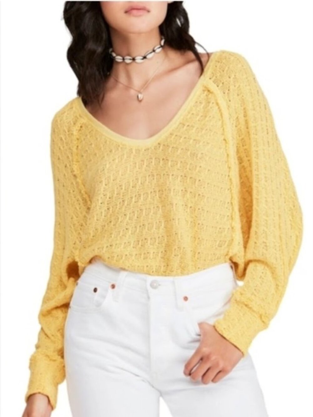 Free People Yellow Knit Sweater Cotton Dolman Sleeve Oversized We The Free Small